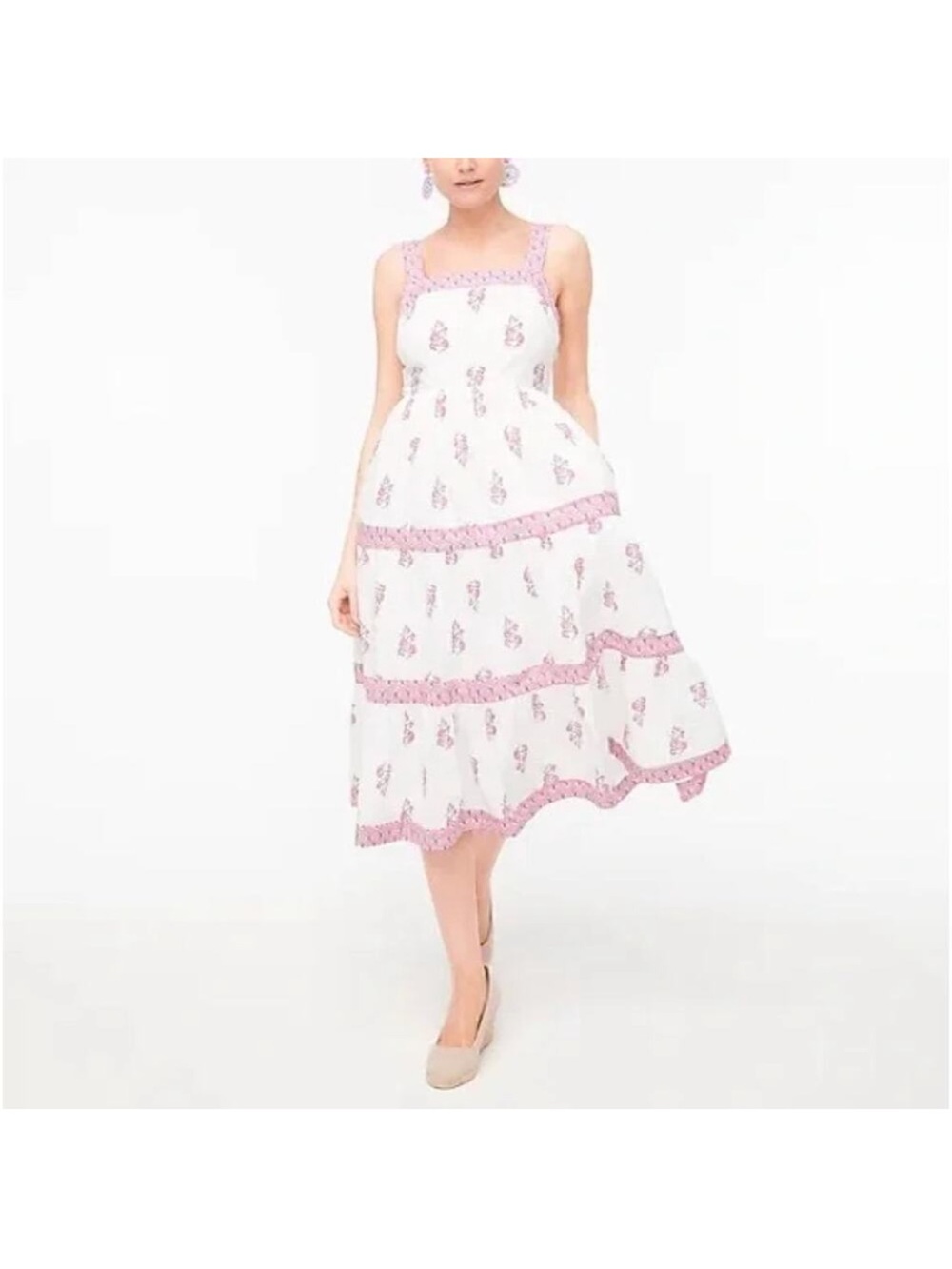 J Crew White Midi Sundress with Pink Trim and Floral Accents